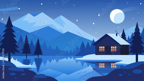 Cabin in winter landscape at night time