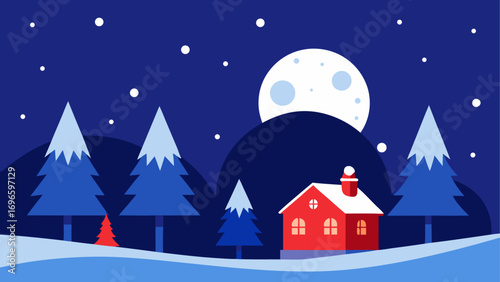 Winter landscape with house and big moon