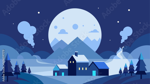 Winter landscape with houses and full moon