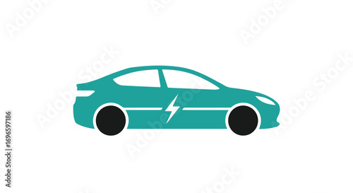 Sleek teal electric vehicle with stylized lightning bolt conveying modern transportation and green energy awareness symbol design concept