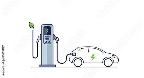 Eco-Friendly Transportation: Illustrated electric vehicle charging at a modern station for sustainable mobility solutions driving towards a cleaner