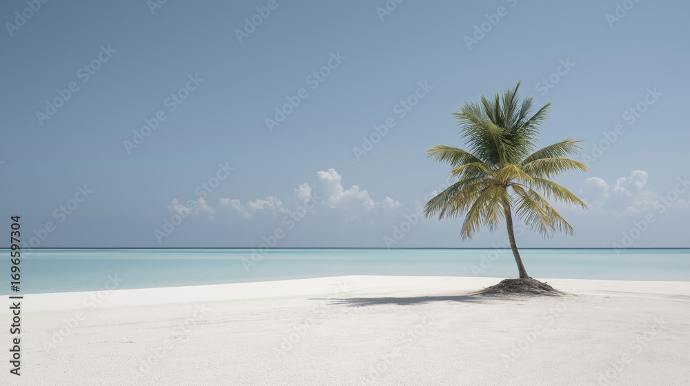 Obraz premium White sand beach with a single palm tree, minimalist framing.