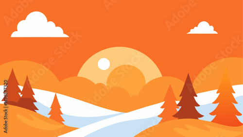 Illustration of sunset over winter landscape