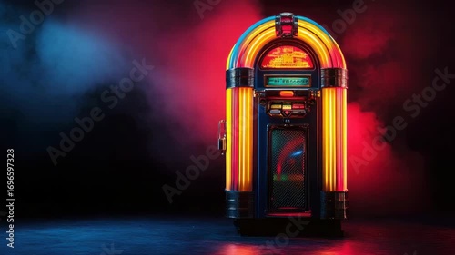 Vintage jukebox with vibrant neon lights against dark background