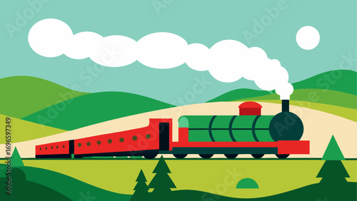 Green train on a track in the countryside