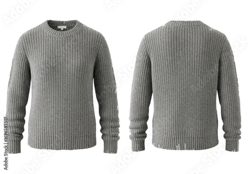 Front and back view of a gray ribbed knit sweater, showcasing the texture and design.