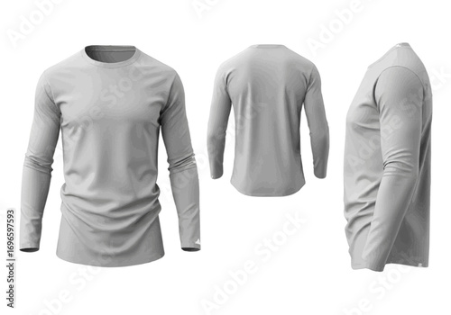 Three-view image of a light gray long-sleeve t-shirt, front, back, and side views.