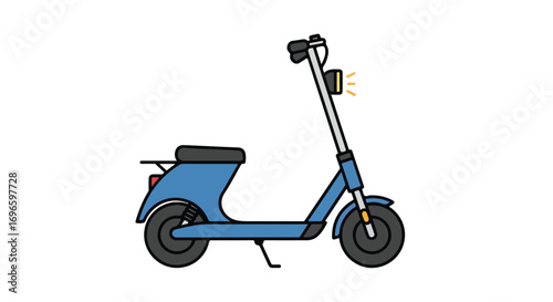 Electric scooter cartoon illustration in side view against white backdrop, simple, clean and colorful e-mobility transportation with seat and