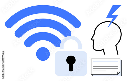 wireless signal, padlock, human profile with bolt of thinking, documents highlighting security, connection, technology, and mental focus. Ideal for tech, innovation privacy security modern