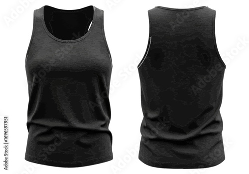 Front and back view of a black sleeveless tank top, showcasing the garment's design and texture.