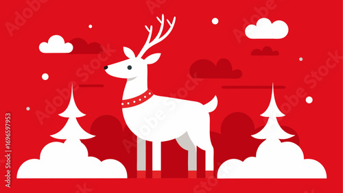 White reindeer with trees on red background