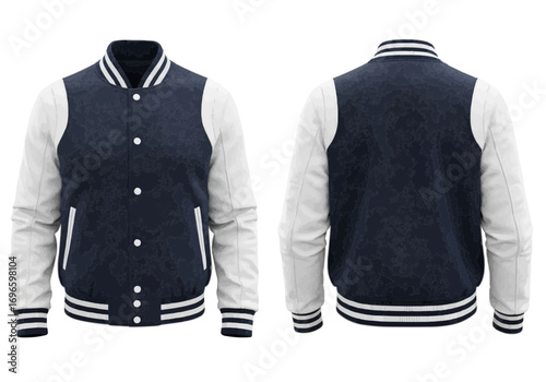 Front and back view of a navy blue and white varsity jacket.