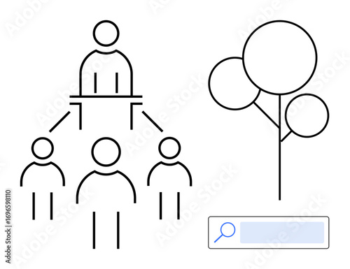 Simplistic hierarchy with four figures linked by lines, abstract tree, and magnifying glass over a search bar. Ideal for teamwork, leadership, search, nature, structure, development simple landing