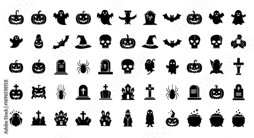 Collection of halloween themed vector icons set on transparent background