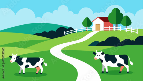 Cartoon farm scene with cows and a house