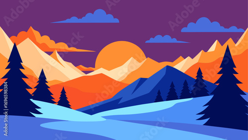 Landscape winter sunset mountains and trees