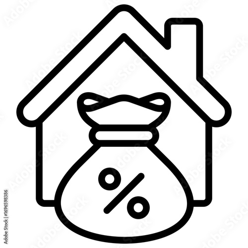 Home Loan Outline Icon Design Vector - House with a money bag and percentage sign, symbolizing mortgage, property loan, or housing finance