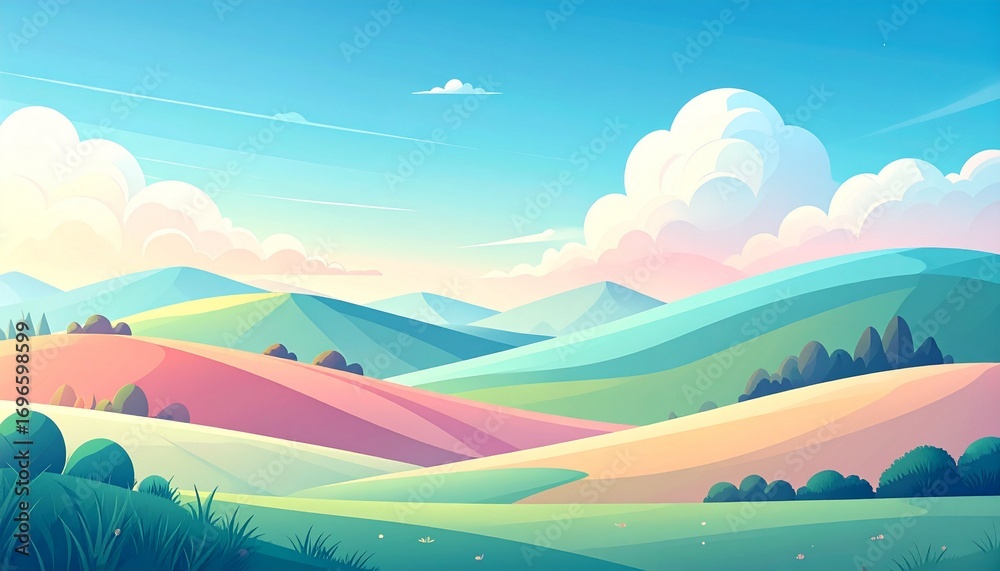 Obraz premium Idyllic and calm pastoral scenery featuring vibrant, colorful rolling hills and fields in a beautiful anime style illustration