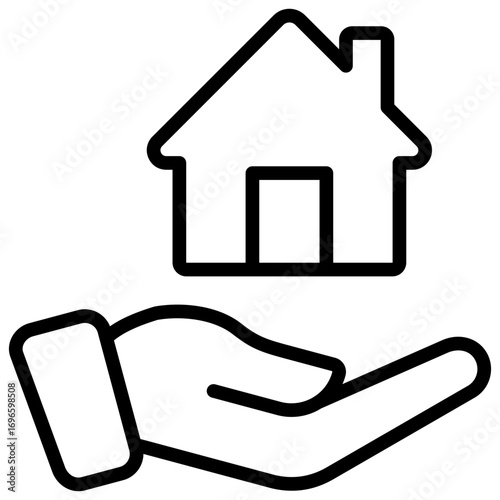 House Care Outline Icon Design Vector - Hand holding a house, representing real estate care, protection, and property support