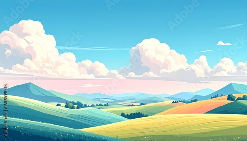 A beautiful and tranquil panoramic digital illustration of a rolling countryside with vibrant fields under a dreamy sky