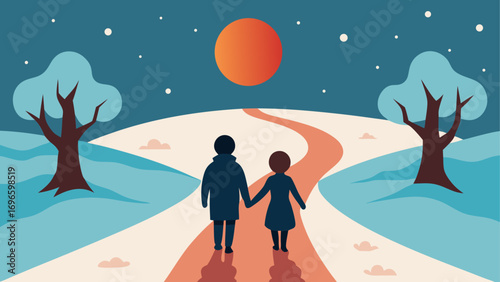 Couple walking on path under moonlit sky