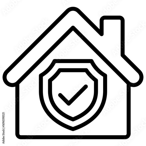 Secure Home Outline Icon Design Vector - House with shield and checkmark, symbolizing safe housing, insurance, and property security