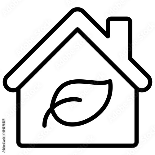 Eco Home Outline Icon Design Vector - House with a leaf inside, symbolizing eco friendly housing, sustainability, and green living