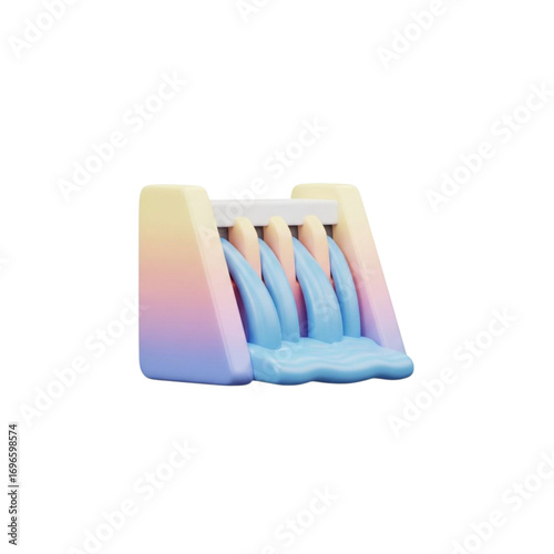 Stylized 3d dam with flowing water isolated on transparent background