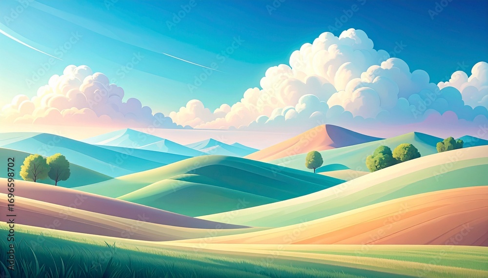 Obraz premium A tranquil and idyllic countryside scene with colorful rolling hills and a vast sky filled with soft, fluffy clouds