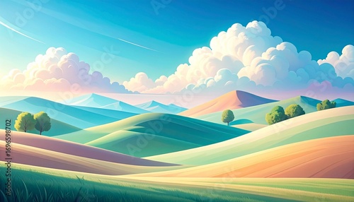 A tranquil and idyllic countryside scene with colorful rolling hills and a vast sky filled with soft, fluffy clouds
