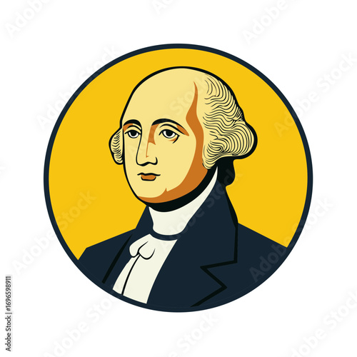 Iconic illustration of a prominent colonial leader in formal attire with powdered wig, within a bold yellow circle.
