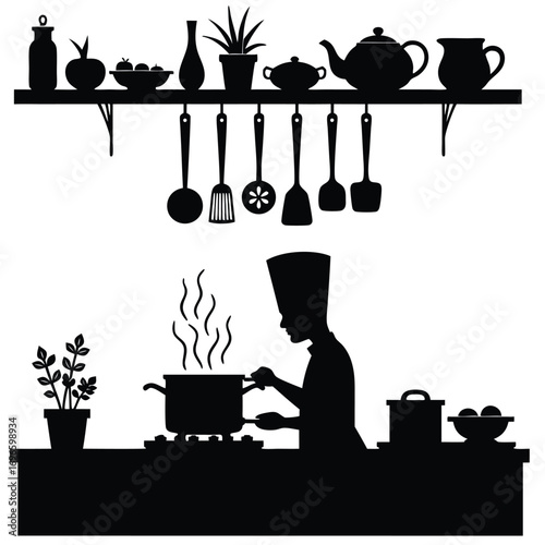 Chef silhouette stirring pot on stove with steam and kitchenware Keywords: chef, silhouette