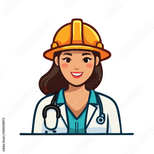 Female doctor with hard hat showing occupational diversity and worker safety