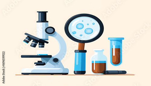 Scientific Investigation Microscope, Magnifying Glass, and Laboratory Equipment