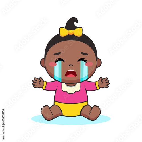 Sad baby girl crying with tears and outstretched arms