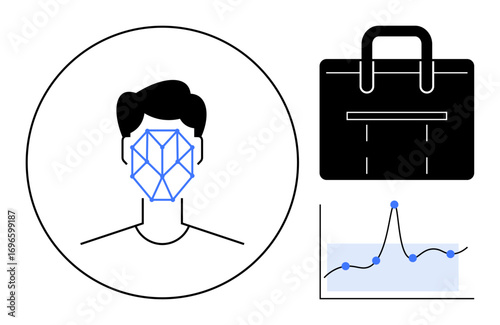 Face with recognition grid in a circle, briefcase, and graph chart. Ideal for security, biometrics, technology, business analysis, innovation, data science concepts simple flat metaphor