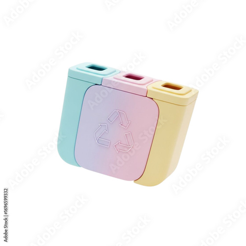 Colorful three compartment recycling bin with recycling symbol isolated on transparent background