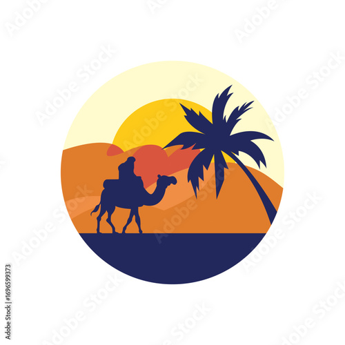 Man riding a camel logo shown with sunset sky view isolated white background. Best for badge, emblem and sticker design. vector illustration available in eps 10.