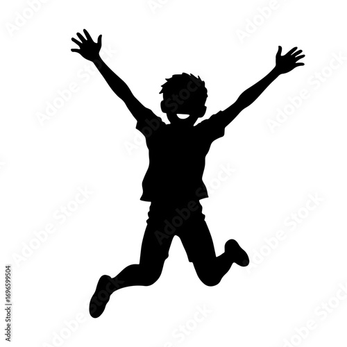 black silhouette of jumping smiling boy