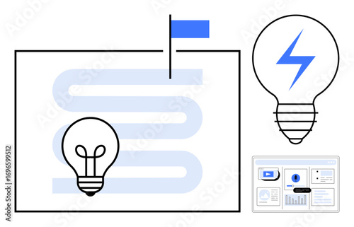 Light bulbs symbolize ideas and energy next to a flag marking a goal on a flowchart, with a screen showing data. Ideal for innovation, planning, strategy, business, creativity, energy technology. A