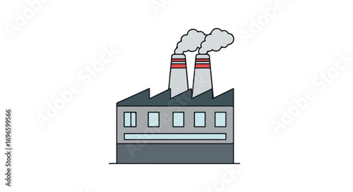 Stylized illustration of a factory with smokestacks emitting plumes on a pristine white backdrop ideal for environmental and industrial design