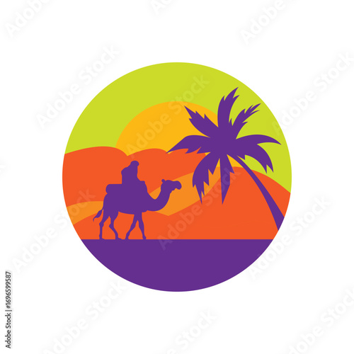 Man riding a camel logo shown with sunset sky view isolated white background. Best for badge, emblem and sticker design. vector illustration available in eps 10.