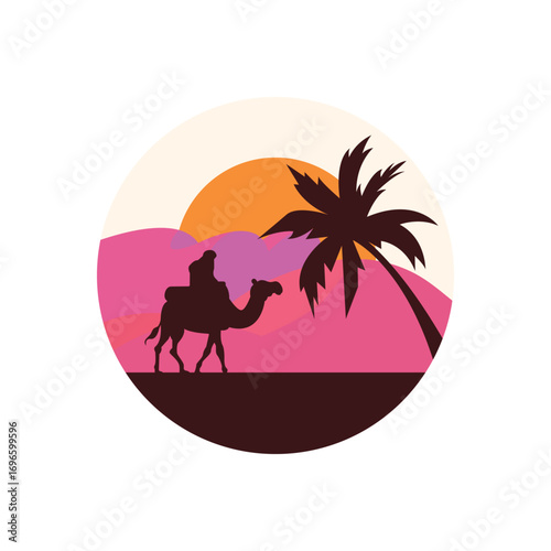 Man riding a camel logo shown with sunset sky view isolated white background. Best for badge, emblem and sticker design. vector illustration available in eps 10.