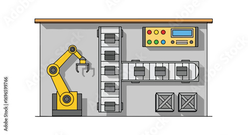 Automated manufacturing process illustration showcases industrial robotics with conveyor system and control panel, suitable for illustrating
