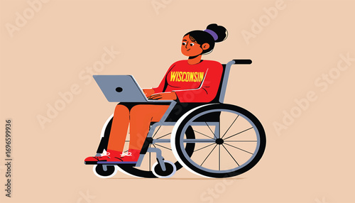 Empowered woman in a wheelchair focused on her laptop. Flat design illustration about accessibility and independence