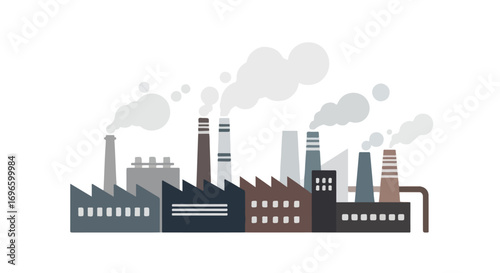 Stylized depiction of industrial complex with smoke emitting from multiple chimneys in monochrome shades, isolated on white background