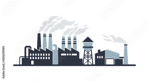 Stylized industrial complex with smoke plumes a vector illustration showcasing factories power plants and environmental pollution concerns
