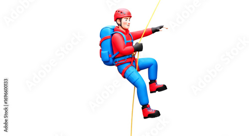 3d cartoon climber rappelling descent, mountaintop view, epic adventure, isolated on transparent background
