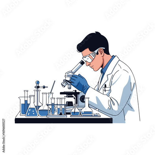 Scientist using microscope with lab equipment and blue liquid.