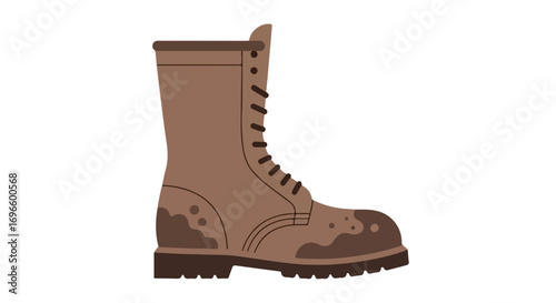 Illustration depicting a brown work boot, potentially used in labor, construction, or outdoor activities, rendered in a flat vector style isolated